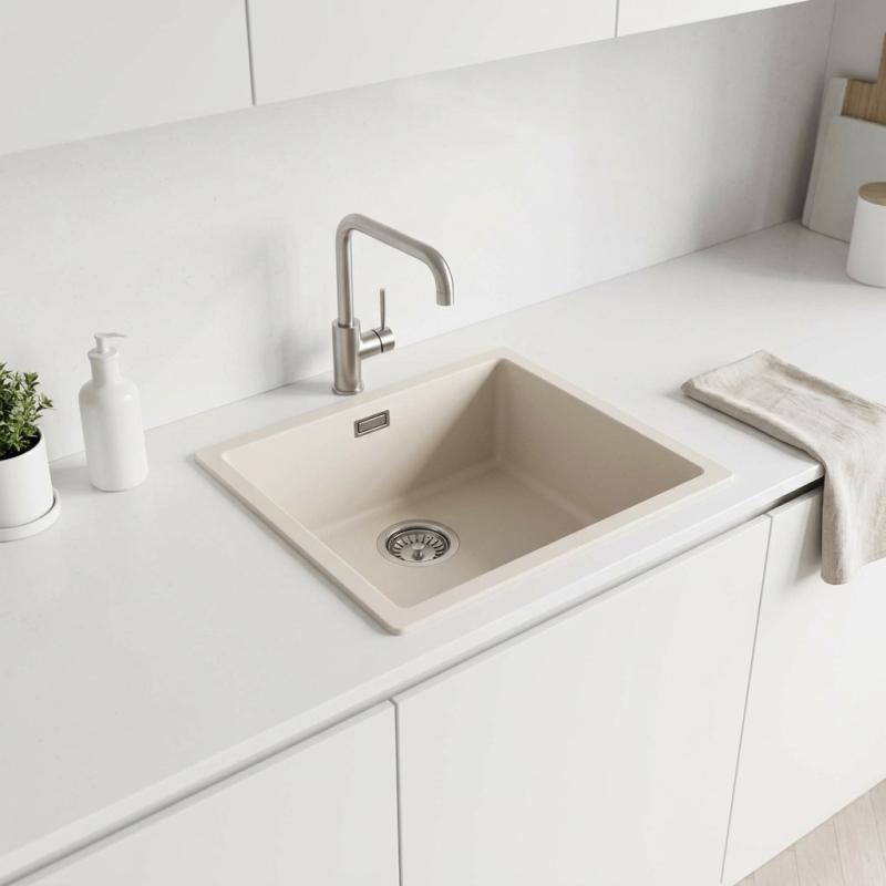 Zand witte spoelbak 40x40cm onderbouw en opbouw met automatische RVS plug 1208971925